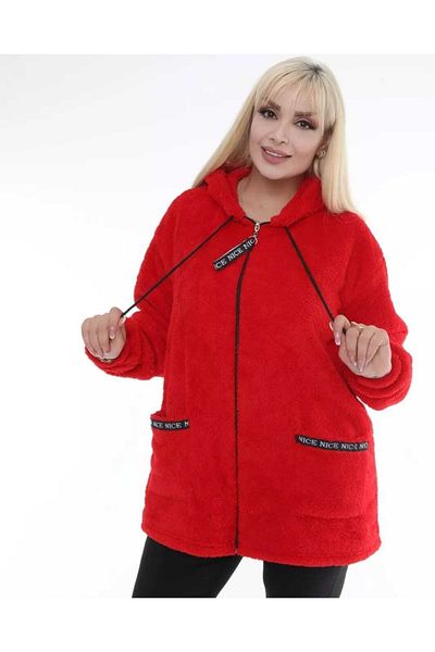 BİrHoşButik بالإضافة إلى حجم ليكرا لينة جيب مقنعين زيبر مضلع الشتاء الاتجاه الأحمر سترة الصوف القطيفة