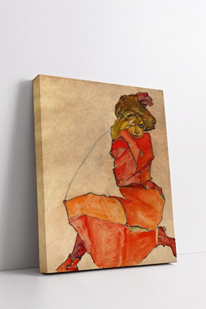 Carmen Egon Schiele - Kneeling Female In Orange-red Dress Kanvas Tablo- Başya...