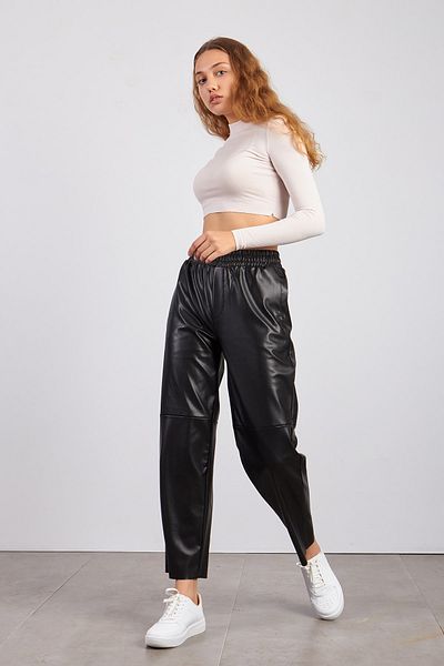 Ortaya Çık Elastic Waist Knee Seam Faux Leather Trousers