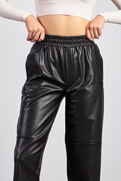 Ortaya Çık Elastic Waist Knee Seam Faux Leather Trousers