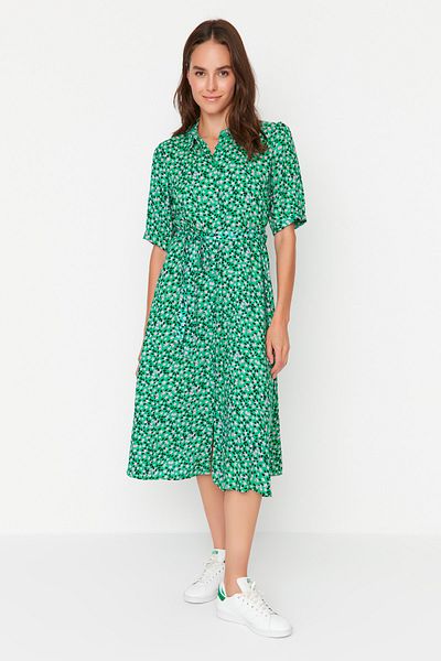 Trendyol Collection Πράσινο λουλουδάτο μοτίβο ζωσμένο φόρεμα μίντι υφασμένο πουκάμισο βισκόζης TWOSS20EL1559