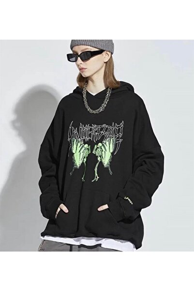 Touz Унісекс Чорний Готичний Ретро Метелик Оверсайз Світшот з Капюшоном