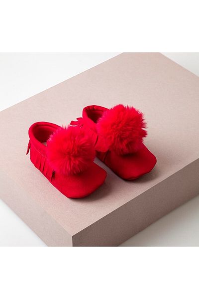 miabambim Baby Girl Moccasin with Pompom Red