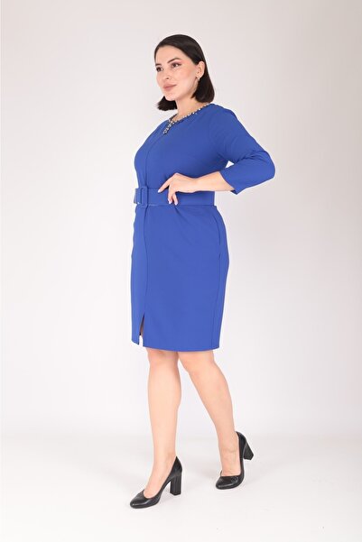 MODAPO Women's Strut Accessory Detailed Belted Plain Midi Plus Size Dress
