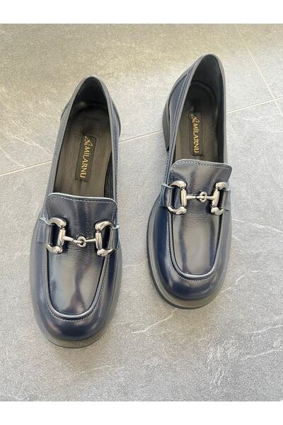 MİLARNU Kadın Hakiki Deri Lacivert Loafer Makosen Ayakkabı