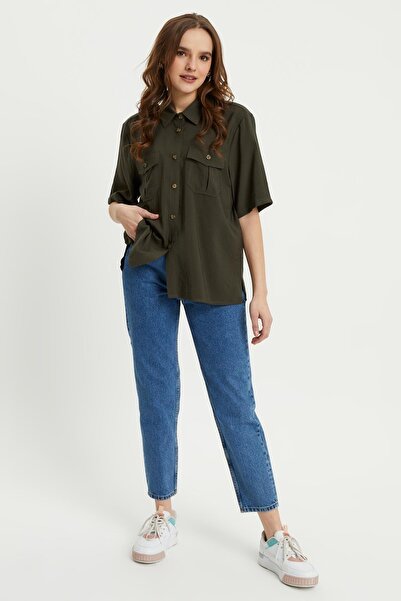 Hanna's by Hanna Darsa Kadın Haki Iki Cepli Kısa Kollu Dokuma Gömlek