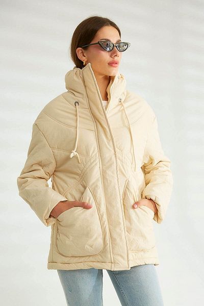 Robin Stone Colored Puffer Jacket with Pockets and Drawstring Detail