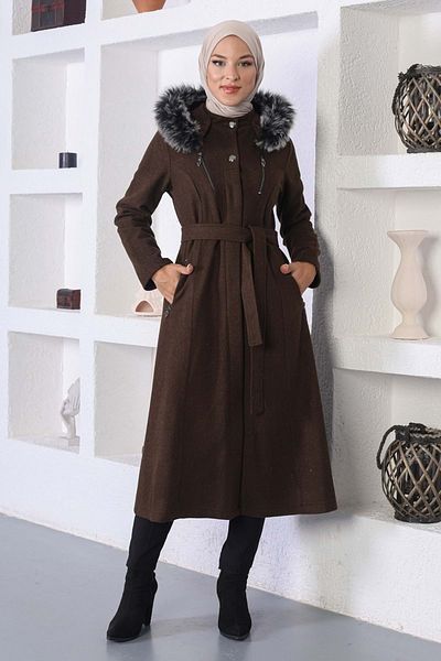 Modamihram Brown Stamp Coat - Zipper Detailed