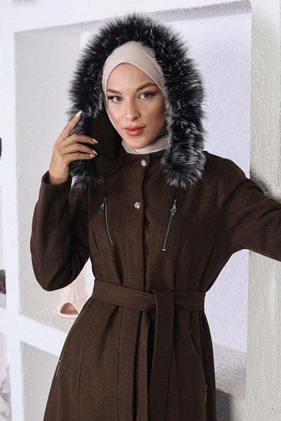 Modamihram Brown Stamp Coat - Zipper Detailed