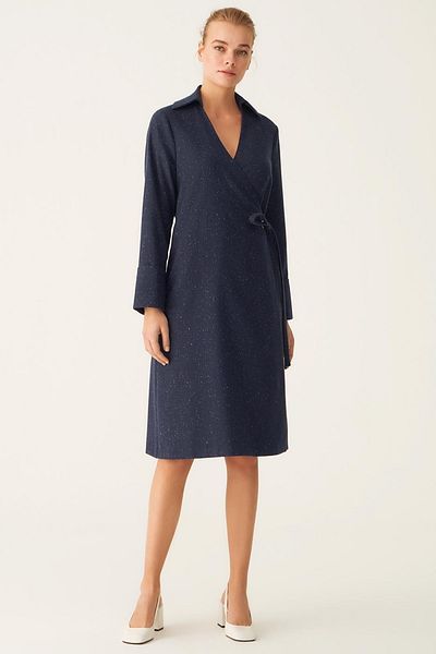 Perspective Navy Blue Aspens Regular Fit Midi Dress - Fitted Sleeves and Shirt Collar