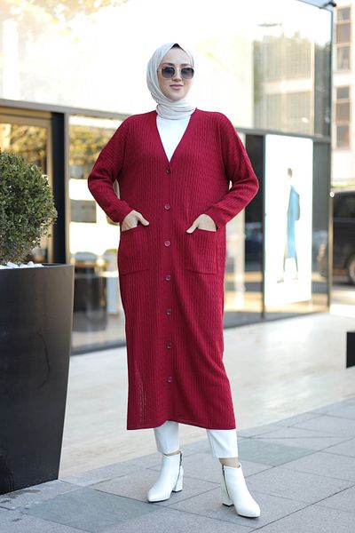Sapha Women's Burgundy Braided Patterned Buttoned Long Knitwear Cardigan with Pockets