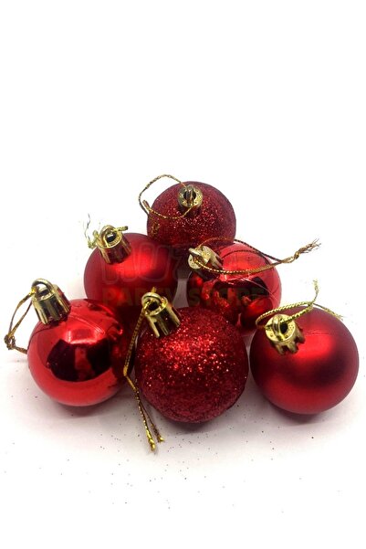 Huzur Party Store Minge Cici de 4 cm, în 6 bucăți, în culoarea roșu mat cu sclipici strălucitor, ornament de Crăciun roșu de Anul Nou, cu șnur