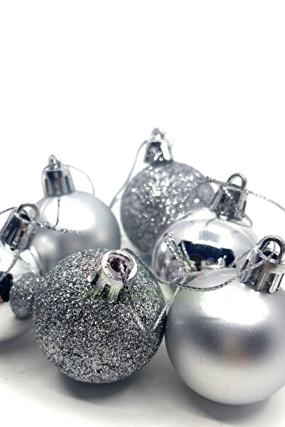 Huzur Party Store Πρωτοχρονιάτικη ασημί πολύχρωμη γυαλιστερή μπάλα Cici - 4 εκ. Σετ 6 Πρωτοχρονιάτικες γκρι μπάλες με κορδόνια από πεύκο