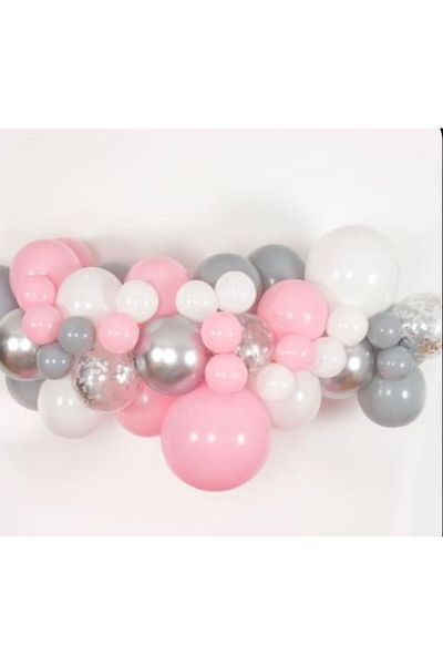 Çemrek Süs Parti Pink Silver Mini Balloon Chain Set 50 Pieces Balloons and Chain