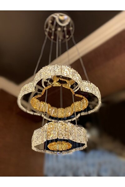 Fico Home Luxury Modern Sarkıt Ikili Kristal Taşlı Power Led Avize Kumandalı Krom Ledli Avize