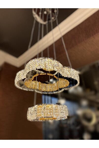 Fico Home Luxury Modern Sarkıt Ikili Kristal Taşlı Power Led Avize Kumandalı Krom Ledli Avize