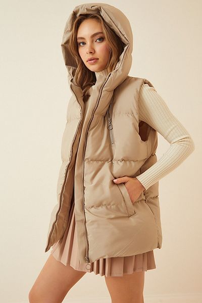 GALAVİP Women's Beige Pocket Hooded Sleeveless Puffer Vest
