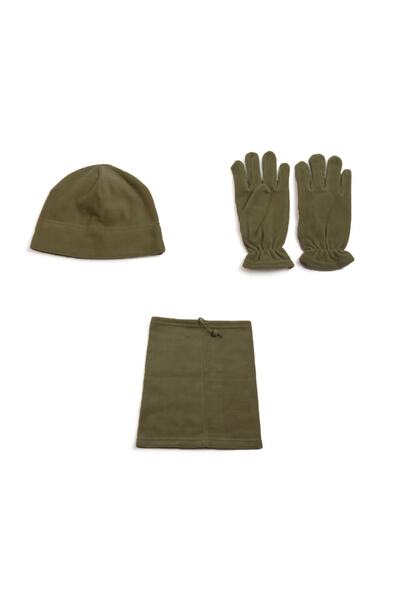 aktur store Khaki Military Fleece Gloves Khaki Fleece Neck Collar Khaki Fleece Beret Set