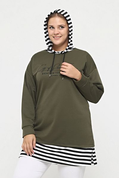 tarzımsüper Plus Size 100% Cotton Spring Comfort Model with Side Slits and Line Detail Hooded Sweatshirt