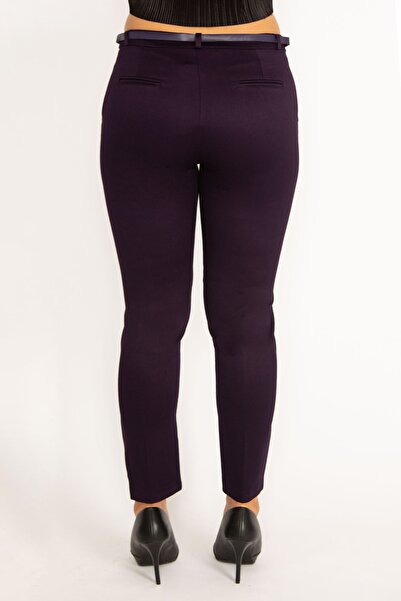 Şans Women's Large Size Plum Back Trim Flota and Side Pocket Belt Accessory Fabric Trousers 65n24040