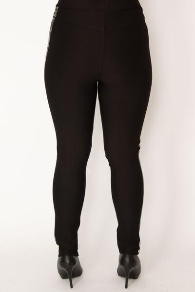 Şans Women's Black Decorative Pocket and Lacquer Print on the Sides Elastic Waist Diving Fabric Lycra Trousers 65N27814