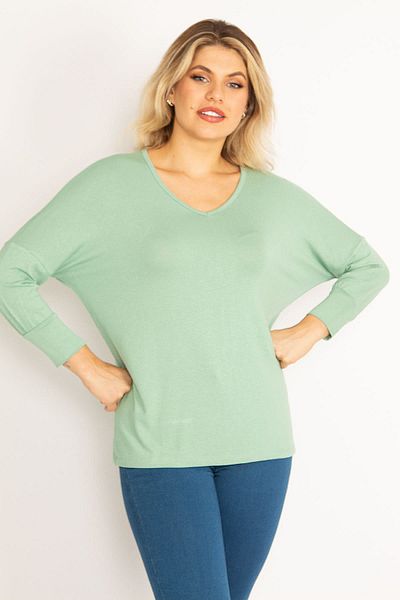 Şans Women's Large Size Green Bat Sleeve V-Neck Viscose Blouse 65n29662