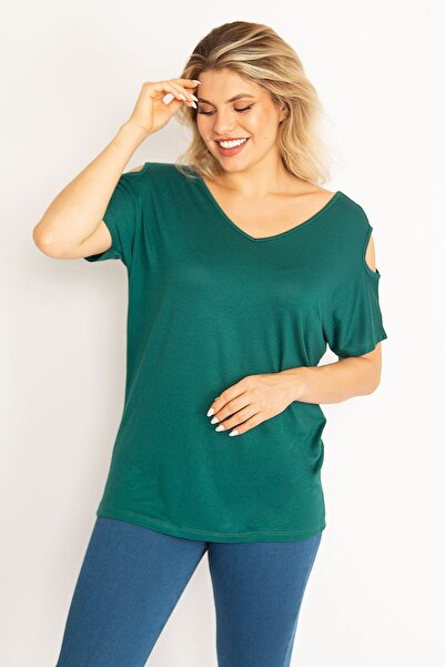Şans Women's Large Size Green Shoulder Low-cut Viscose Blouse 65n31706