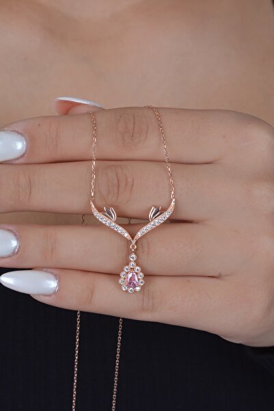 ESSARE 925 Ayar Gümüş Pembe Damla Taşlı Tasarım Kolye Kadın Gümüş Kolye