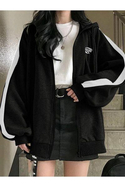 Favorim50ton Harajuku Μαύρη Unisex Ζακέτα με Λευκή Ρίγα