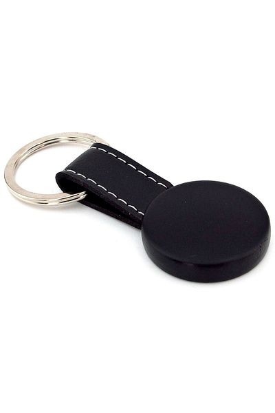 Solfera Black Leather Matte Black Round Metal Keychain Kc873