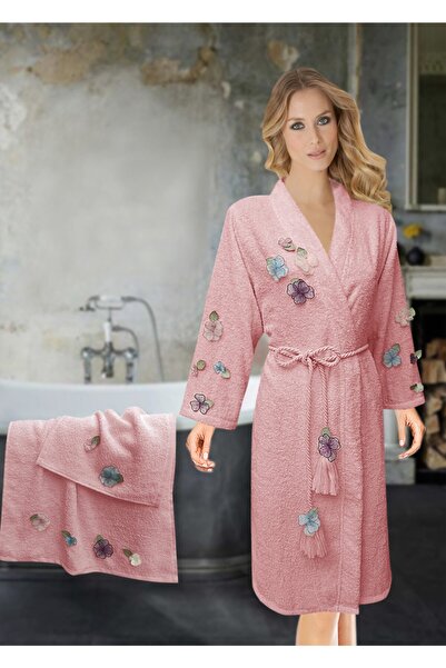Fakılı Deco Home Pamuk 3d Dantelli Kimono Bornoz Seti Menekşe