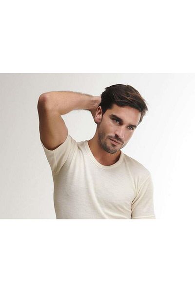 Hasyün Ανδρικό κοντομάνικο εσώρουχο 100% μάλλινο με λαιμόκοψη με λαιμόκοψη με πιστοποίηση Woolmark Certified Ecoteks