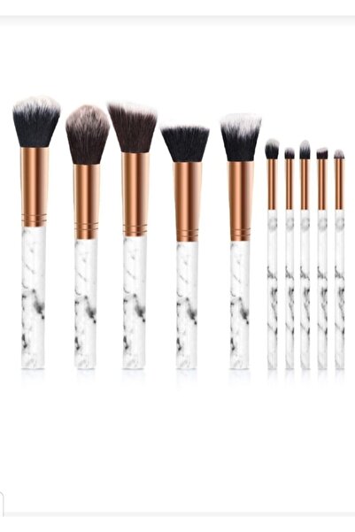 MUJGAN 10'lu Mermer Desenli Makyaj Fırçası - Beyaz Sap - Siyah Uç