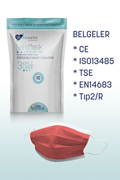 Melantis Medikal Meltblownlu + Tip 2r 3 Katlı Telli Cerrahi Maske 1 Kutu 50 Adet Kırmızı