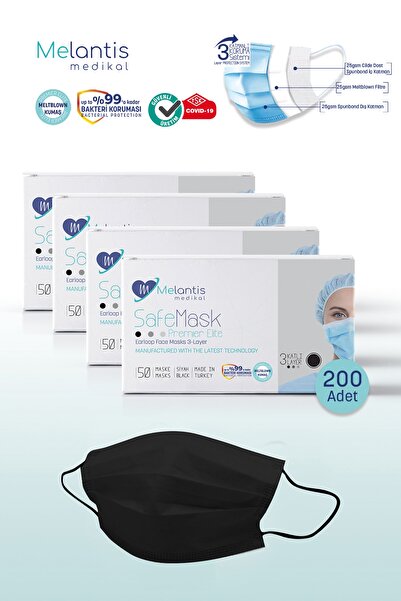 Melantis Medikal Siyah Tek Kullanımlık 3 Katlı Telli Cerrahi Maske 4 Kutu 200...