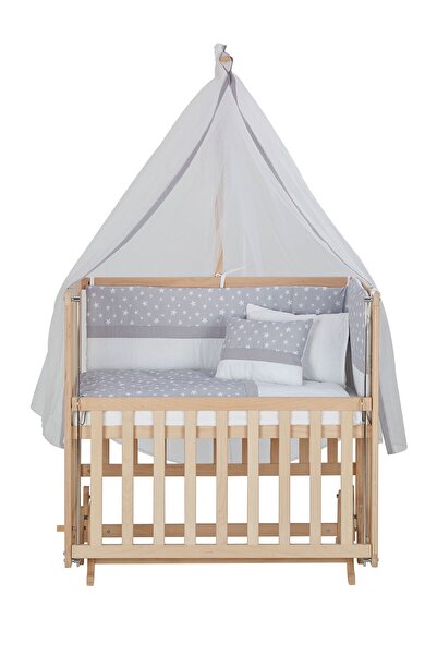 Baby Tech 50x90 Naturel Boyasız 4 Kademeli Beşik + Gri Yıldızlı Uyku Seti