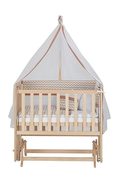 Baby Tech 50x90 Naturel Boyasız 4 Kademeli Beşik + Kahve Zikzak Uyku Seti
