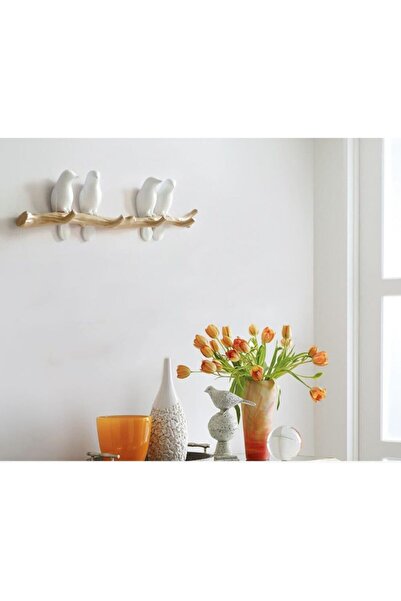 CajuArt Dekoratif Dörtlü Modern Duvar Askılık Dal Üstünde Kuş Duvar Dekor Askı