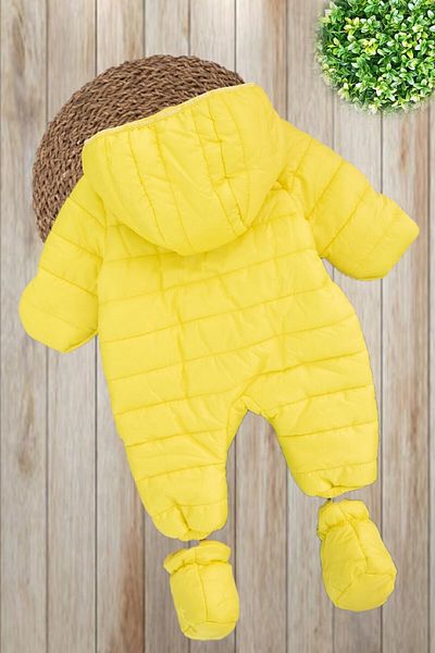 PODİUM GİYİM Unisex Baby Yellow Winter Footed Hooded Cosmonaut Jumpsuit
