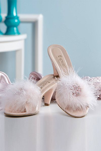 Espuar Women's Ecru Feather Pearls Decorated Dowry and Home Slippers