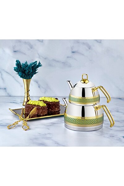 Evimsaray Naz Dekorlu Orta Boy Altın Çaydanlık Takımı