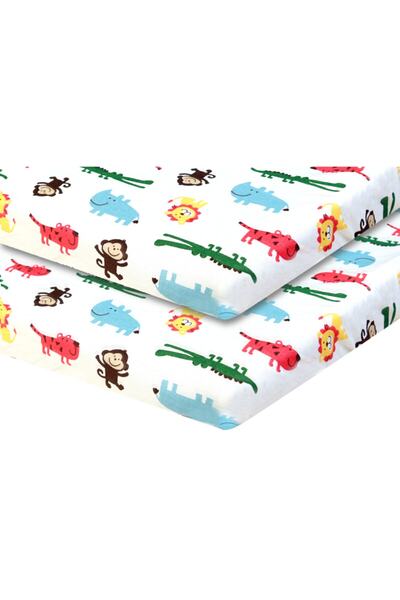 Lastikli Bebek Çarşafı %100 Pamuk Dokuma Safari Desen 50x90 Cm. 2'li Set