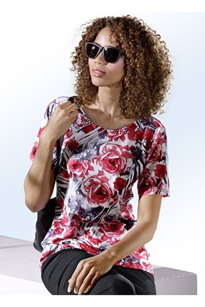 Nurteks Women's Red Rose Patterned T-shirt