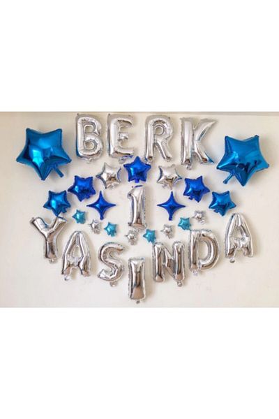 PartiAsya 10 Letter Year Old Balloon Set, Letter, Balloon, Age Concept Gumüş Blue Combination (Luminous)