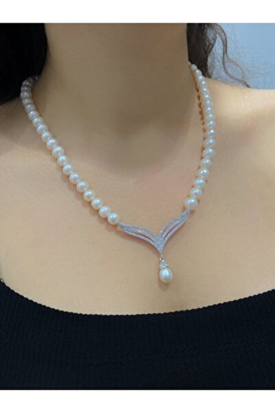 MaGümüş Suyolu Çok Şık Özel Tasarım Gerdanlık 925 Gümüş Inci Kolye