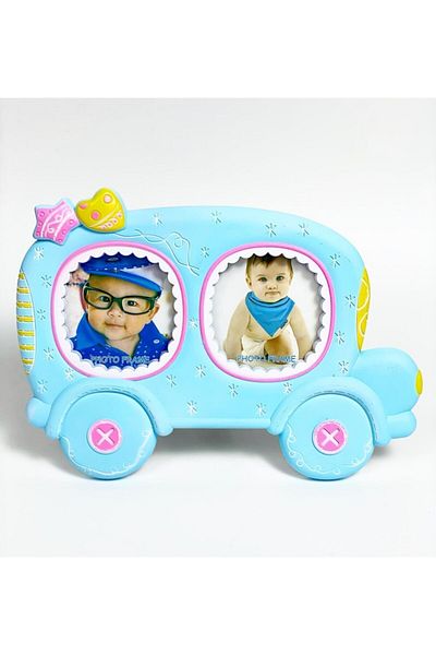 QUEEN AKSESUAR Cute Blue Double Standing Photo Frame with Car for Baby and Child - Gift Album Frame