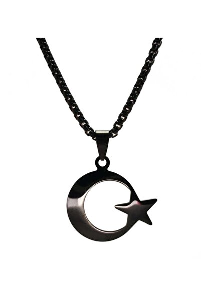 OSMANLI GÜMÜŞ Ottoman Siyah Ayyıldız Bayrak Çelik Erkek Kolye Zincir