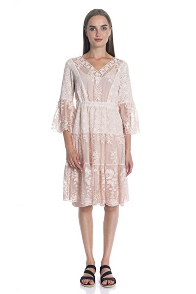 Bulalgiy Kadın Gül Kurusu Dantelli Nakışlı 2 Parça Elbise - Bga077112ts