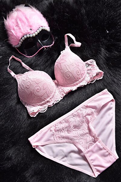 NurPeri İç Giyim Kadın Destekli Balenli Pembe Dantel Detaylı Sütyen Ve Külot ...