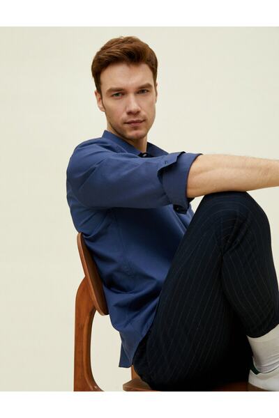 Koton Férfi sötétkék klasszikus galléros pamut hosszú ujjú ing